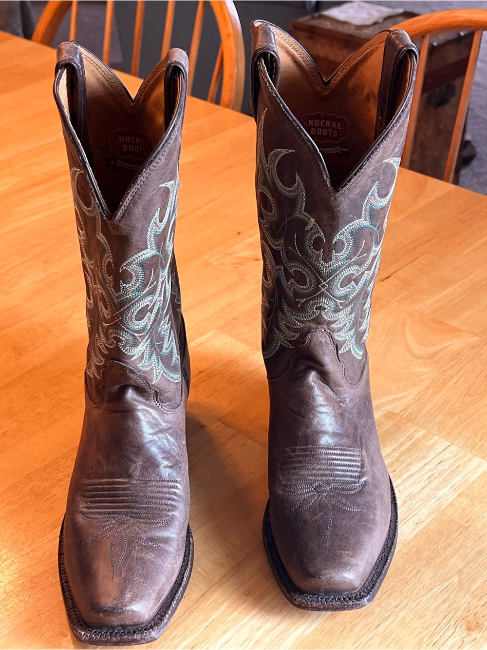Nocona Brown Leather Western Boots with Turquoise Embroidery